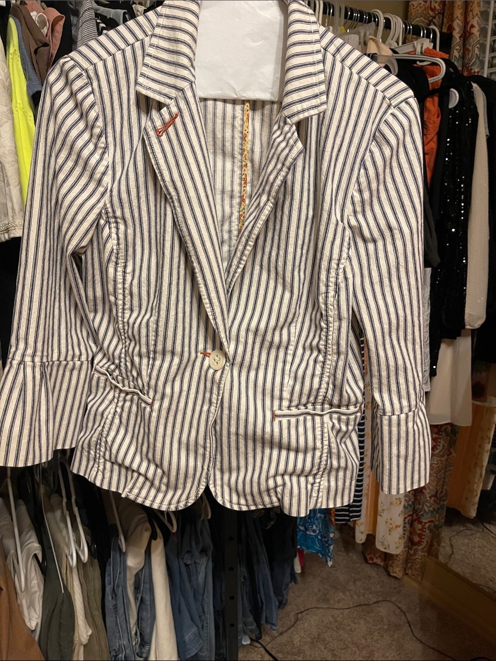 CAbi Navy and White Striped Cotton Blazer
